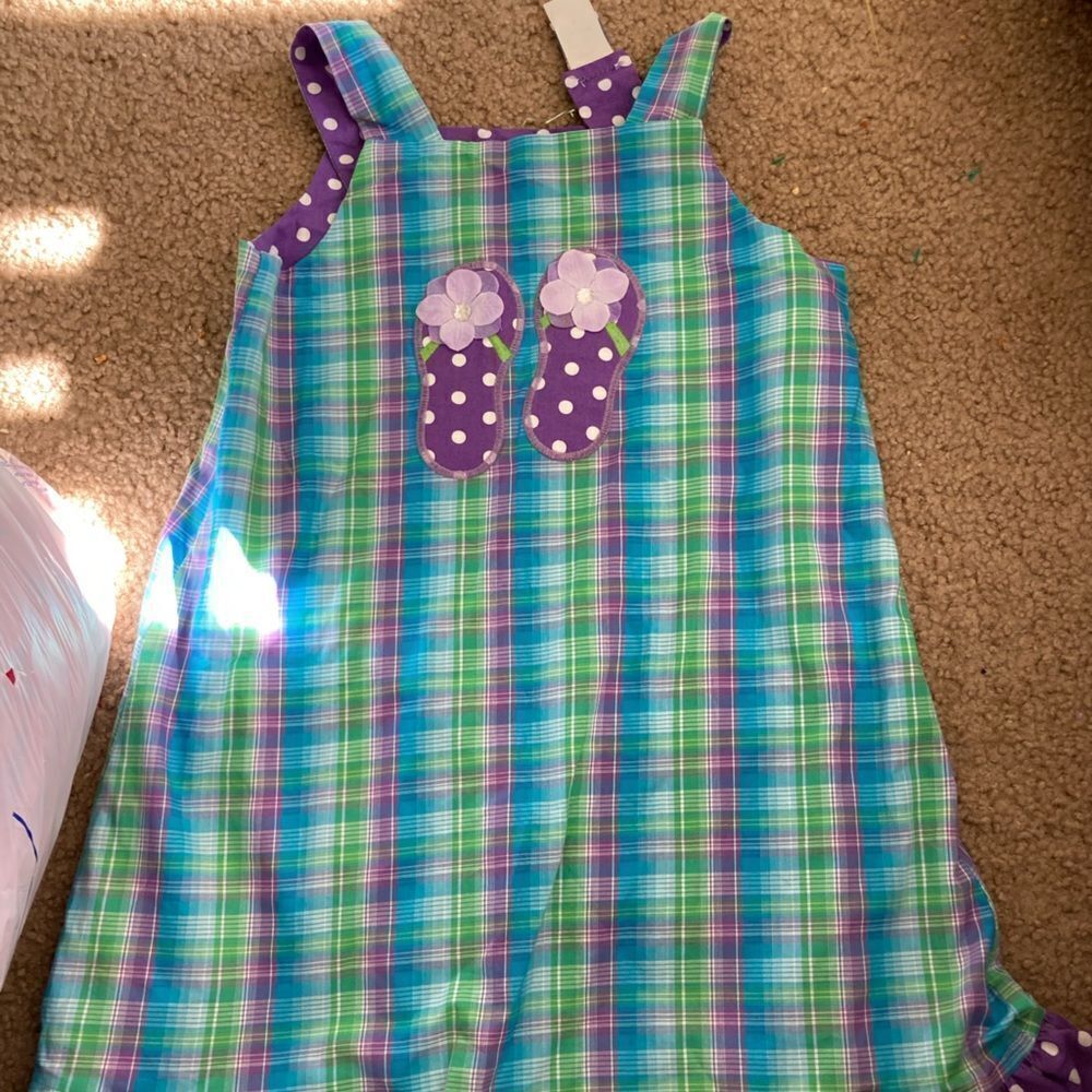 Little Girls Vintage Blue and Green Plaid Sandal Flip Flop Casual Sun Dress